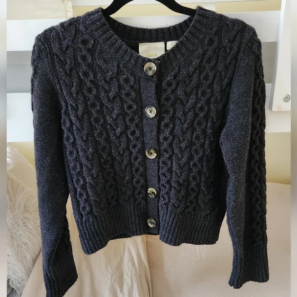 Anthropologie Maeve Cable Knit Fuzzy Shrunken Cardigan Sweater Gray Medium - Picture 2 of 6